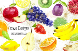 Fruits Clipart, Summer fruits, watercolor clipart, strawberry  clipart,orange, lemon, apple