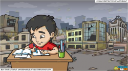 A Young Man Studying Happily For His Exam and A Ghost City After A Disaster  Background