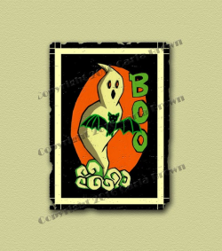 Ghost Halloween clipart vintage retro style download clip art with bat and  word 