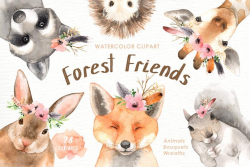 Forest Friends Watercolor Clip Art,Woodland Animals, Kids Clipart,Boho  Clipart, Nursery Decor, Animal with flower crown, deer rabbit giraffe