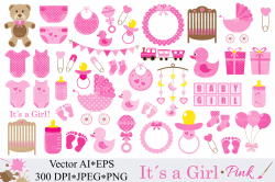 Baby Girl Clipart Pink Baby Shower Clipart Nursery Clip art It`s a girl  Graphics Illustration Vector