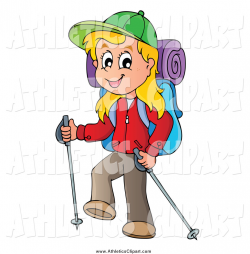 Clip Art of a Happy Blond White Girl Hiking with Trekking ...