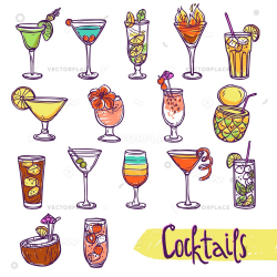Cocktail glasses cold summer party refreshment sketch set ...