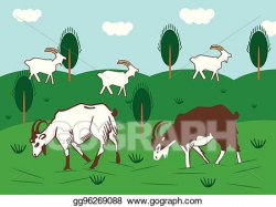 Vector Illustration - Domestic goats graze in a meadow in ...