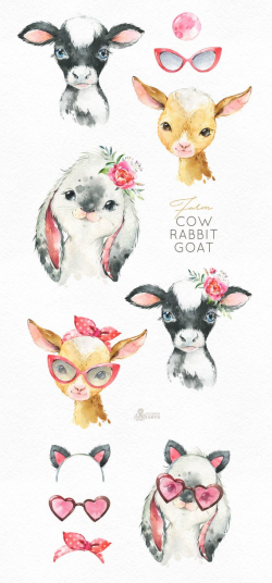 Farm Cow Rabbit Goat. Watercolor little animals clipart, calf, baby goat  bunny, country, flowers kids, nursery art, nature, baby-shower, fun