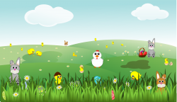 Clipart - Easter Landscape with bunnies, chicks, eggs, chicken, flowers