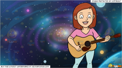A Cheerful Woman Playing A Classic Guitar and Galaxy Background