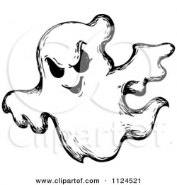 Clipart Of A Sketched Black And White Evil Halloween Ghost ...