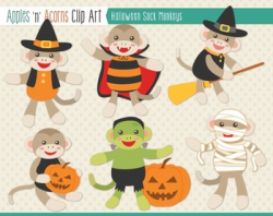 Halloween Sock Monkeys Clip Art - color and outlines