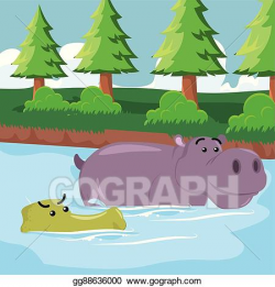 Vector Stock - Crocodile swimming with hippo. Clipart ...