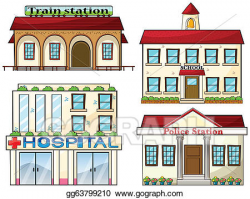 Vector Illustration - A train station, a school, a police ...