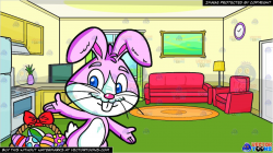 An Easter Bunny Collecting Colorful Eggs and The Kitchen And Living Room Of  A Small House Background