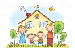 Family with two children near their house. Family clipart, cartoon family,  family illustration, doodle clipart, family house, happy family
