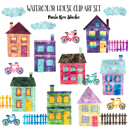 Neighborhood Clip Art, Watercolor House Clipart with Buildings, Bikes,  Clouds and Fences, Instant Digital Download