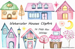 Watercolor Houses Clipart, Homes, Neighborhood, Watercolor ...