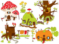 Forest Houses Clipart - Digital Vector Pumpkin, Amanita, Mushroom, Hill,  Tree, House Clip Art for Personal and Commercial