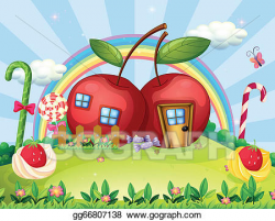 Vector Art - A hilltop with two apple houses and a rainbow ...