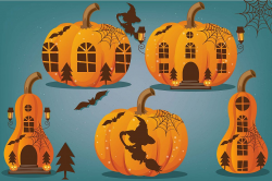 Halloween pumpkin houses clipart, Halloween pumpkin houses graphics