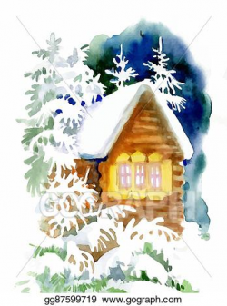 Vector Art - Watercolor winter landscape with snowy houses ...