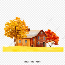 Beautiful Autumn Trees And Houses Scenery Material, Golden ...