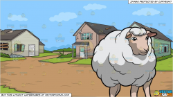 A Gentle Looking Wooly White Sheep and Abandoned Houses Background
