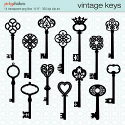 Vintage Keys clip art - 14 black skeleton key Celtic Victorian French  design - digital downloadable files Instant Download 5004