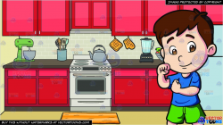 A Male Kindergarten Student Ready To Play and A Stove In The Kitchen  Background