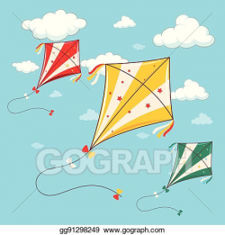 Vector Clipart - Three colorful kites in the blue sky ...