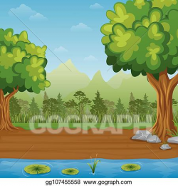 Vector Art - Green grass with pine trees and blue lake on a ...