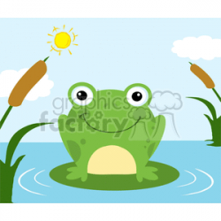 Cartoon Happy Frog Character On a Leaf In Lake clipart. Royalty-free  clipart # 381873