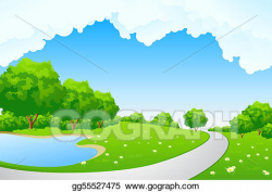Stock Illustration - Landscape - green hill with tree lake ...