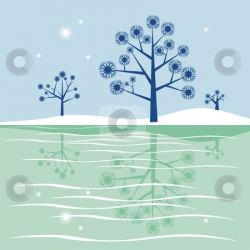 Fully editable blue trees reflecting in frozen lake stock vector