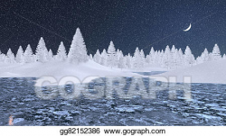 Drawings - Snowy firs and frozen lake at winter night. Stock ...