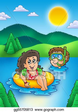Stock Illustration - Two swimming kids in lake. Clipart ...