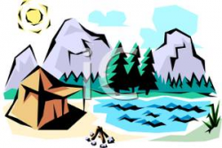 Tent Set Up By a Mountain Lake - Royalty Free Clipart Picture