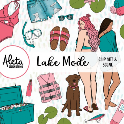 LAKE MODE - Hand Drawn Digital Clip Art Lake Summer Vacation Camping  Outdoors Boat Cabin Artwork Planner Stickers Fashion Girls