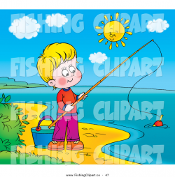 Clip Art of a Happy Boy Fishing on the Shore of a Still Lake ...