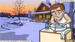 A Man Washing His Face With Water and Winter Lake House Background