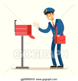 EPS Illustration - Postman in blue uniform delivering mail ...