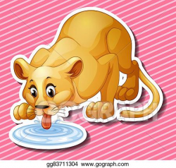 EPS Vector - Cute lion drinking water from the puddle. Stock ...