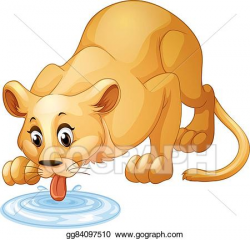 Vector Illustration - Lion drinking water from puddle. Stock ...