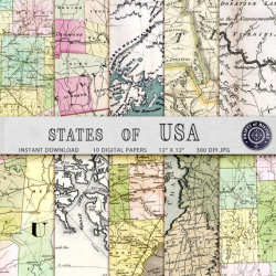 Digital paper from vintage United States maps Scrapbooking backgrounds  Antique Map textures Wrapping paper Map decor Clipart 12x12