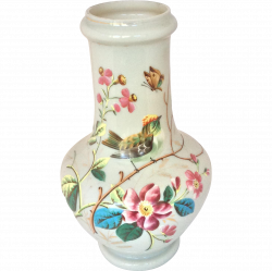 Bristol glass vase with hand painted bird, butterfly, flowers ...