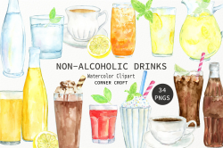 Watercolor non-alcoholic drinks clipart, water, juice, milk ...