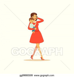 Vector Art - Mom character with child, talking on the phone ...