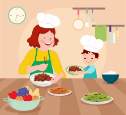 Cooking work painting mother son food kitchen icons Free ...