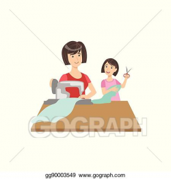 Vector Art - Mother and child sewing together illustration ...