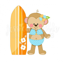 Beachy Monkey Cute Digital Clipart, Monkey with Surfboard ...