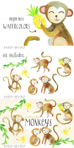 Watercolor Monkeys Clipart Pack | Baby Design in 2019 ...