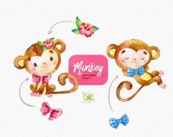 Monkey. Watercolor animals clipart, jungle, tropical, liana, reeting,  invitation, flowers, floral, babyshower, banana, leaves, funny, diy